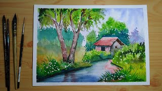 Simple watercolor landscape painting for beginners [upl. by Pessa]