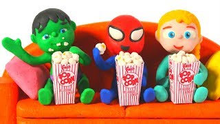 SUPERHERO BABIES ENJOY WATCHING A MOVIE ❤ Spiderman Hulk amp Frozen Elsa PlayDoh Cartoons For Kids [upl. by Aimit]