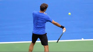 Roger Federer Forehand Slow Motion Court Level View  ATP Modern Tennis Forehand Technique [upl. by Monafo558]