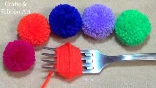 Super Easy Pom Pom Making Ideas with Fork  Hand Embroidery Amazing Trick Easy Woolen Flower Making [upl. by Hasan162]