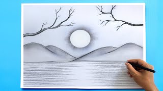 How to Draw a simple Landscape  Easy Pencil Drawing [upl. by Simetra]