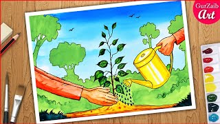 Plant trees\save trees easy poster making  Van Mahotsav poster Drawing [upl. by Arrak819]