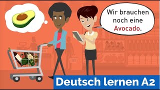 Deutsch lernen mit Dialogen  Tina und Daniel kaufen im Supermarkt ein  Wortschatz Lebensmittel [upl. by Rolland]