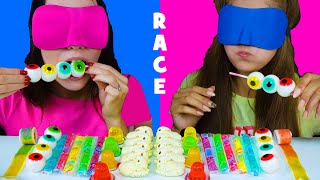 ASMR Candy Race with Closed Eyes Gummy Eyeballs Jelly Straws Peeps Marshmallow [upl. by Annawak]