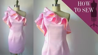 How To Sew A One Shoulder Satin Ruffle Dress [upl. by Ahlgren674]