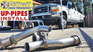 2001 F350 73  RiffRaff UpPipes Install  Stock up pipes leaking and falling apart JUNK SP [upl. by Noraha]