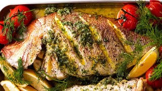 Whole Baked Fish  Herb Stuffed with Garlic Butter Dill Sauce [upl. by Wallach]