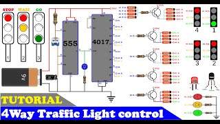 How to make 4 Way Traffic Light control using 555 timer and cd4017  4 way traffic signal light [upl. by Rasecoiluj]