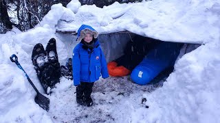 Survival Shelter Winter Camping in Blizzard  Deep Snow Camping in Alaska [upl. by Kellie]